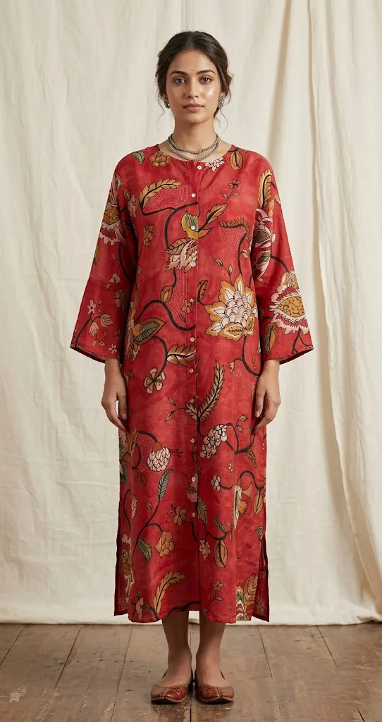 Artisan Chanderi Silk Tunic: Natural Dye, Hand-Painted William Morris motifs with Kantha embellishments