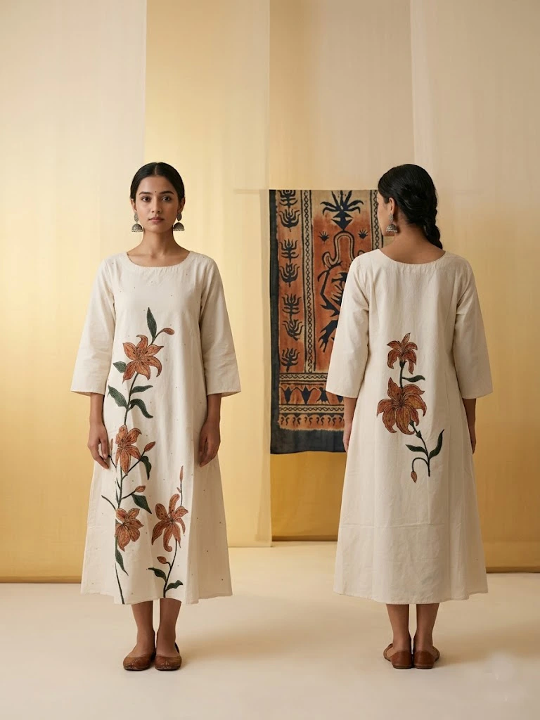 Hand-Painted & Kantha Embroidered Khadi Cotton Kurta Set - A Fusion of Art & Tradition. (FREE SIZE)