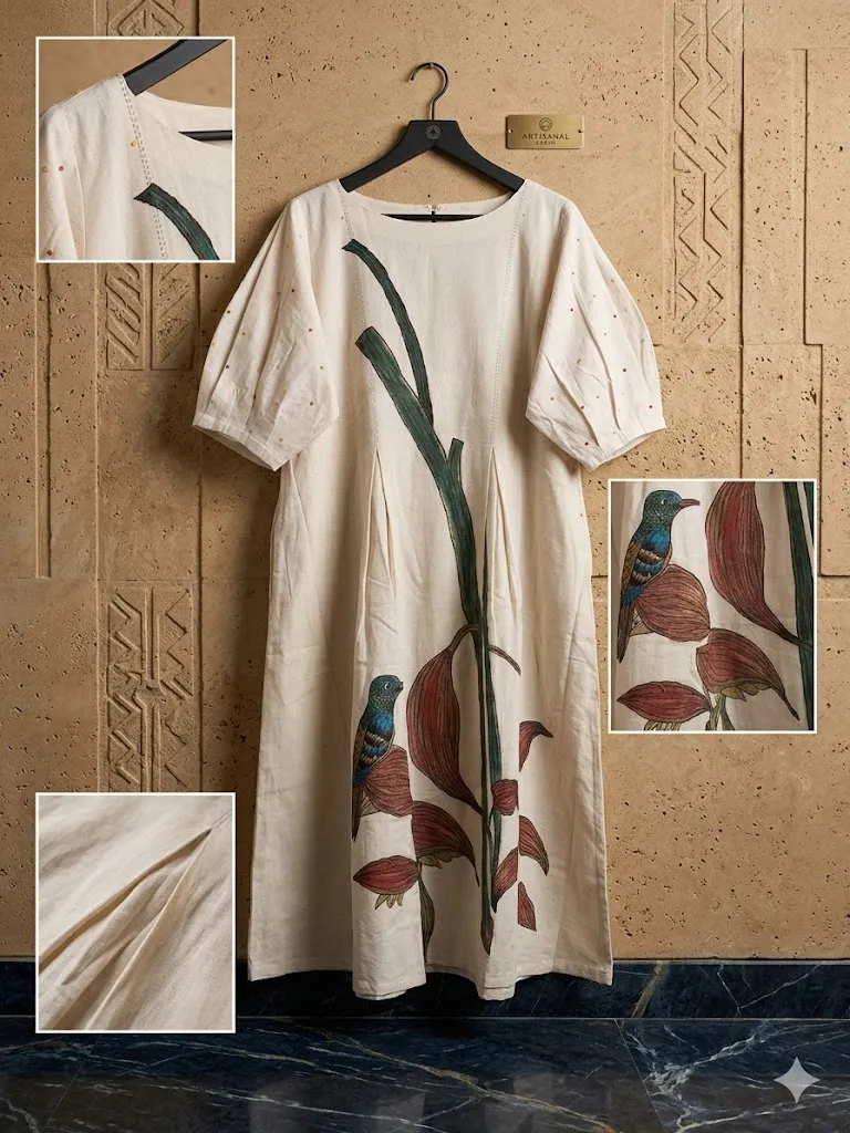 Hand-Painted & Kantha Embroidered Khadi Cotton Kurta Set - A Fusion of Art & Tradition (FREE SIZE)