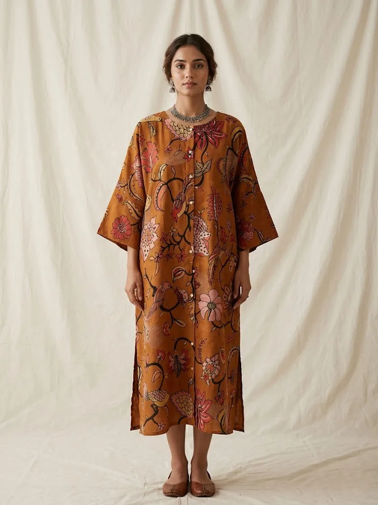 Artisan Chanderi Silk Tunic: Natural Dye, Hand-Painted William Morris motifs with Kantha embellishments