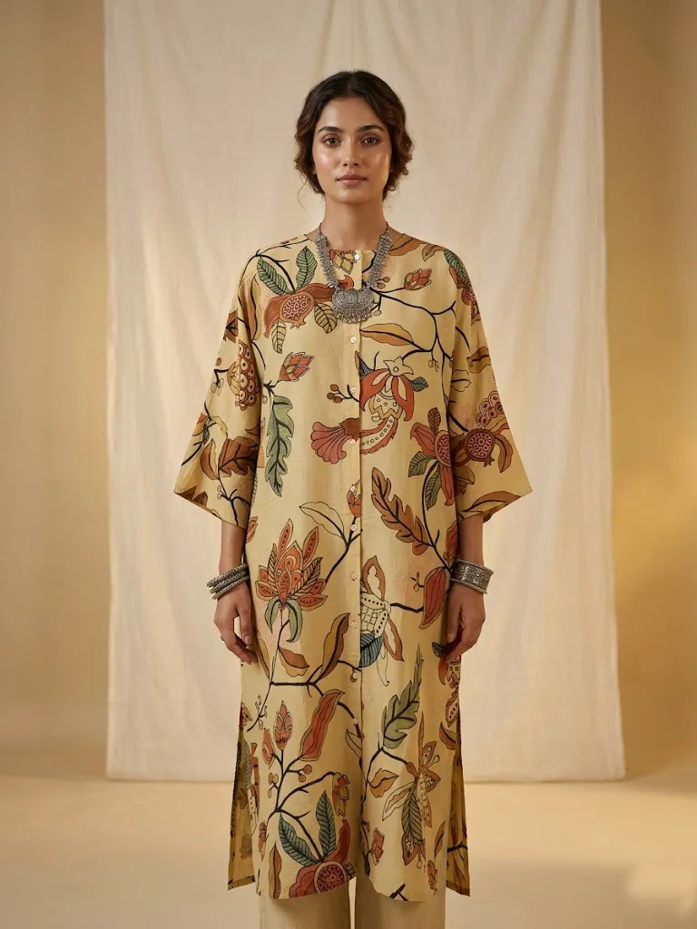 Artisan Chanderi Silk Tunic: Natural Dye, Hand-Painted William Morris motifs with Kantha embellishments