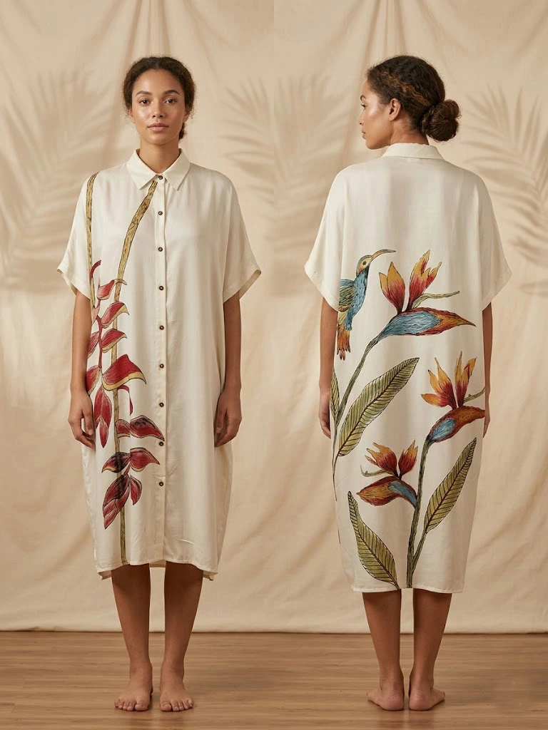 Artisan Hand-Painted Modal Kimono Shirt Dress