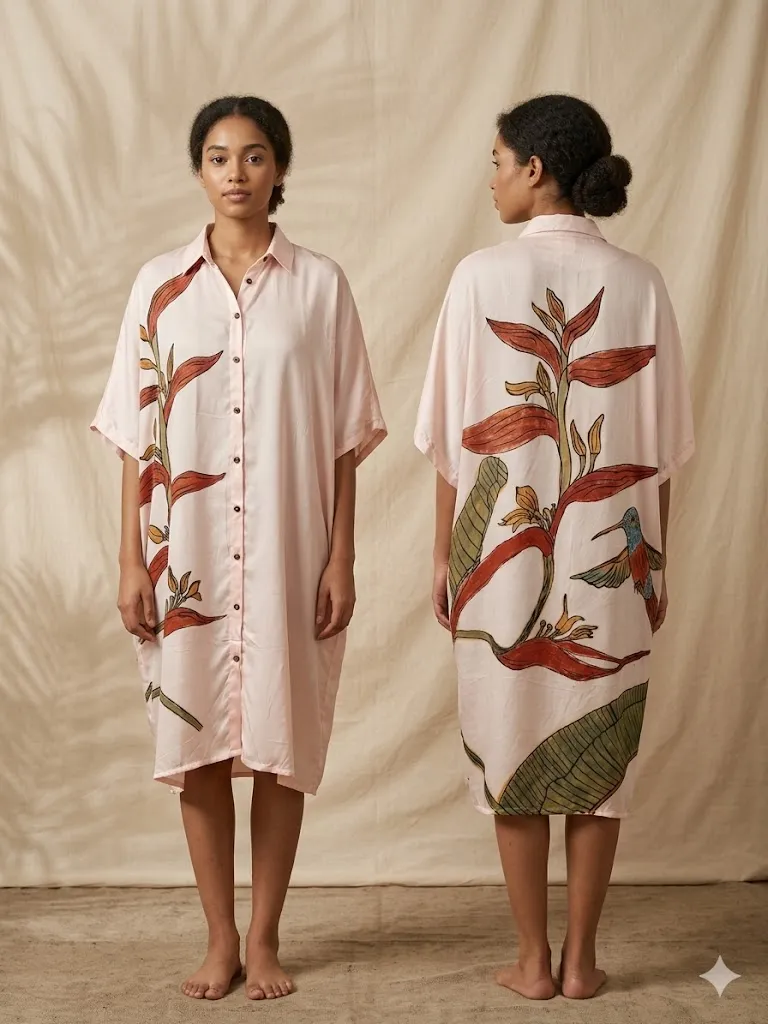 Artisan Hand-Painted Modal Kimono Shirt Dress