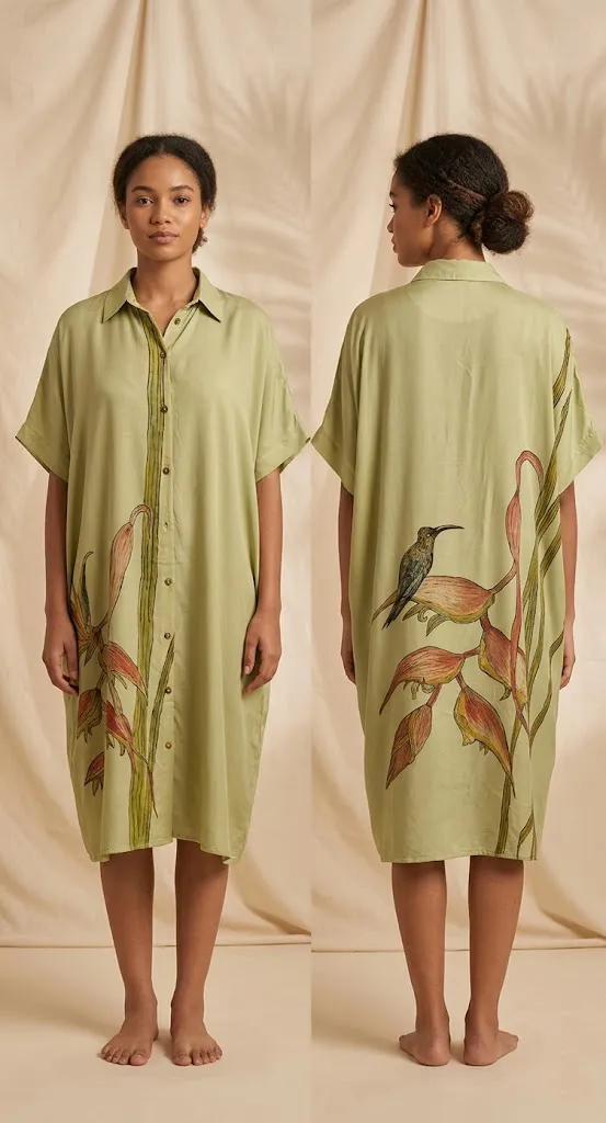 Artisan Hand-Painted Modal Kimono Shirt Dress